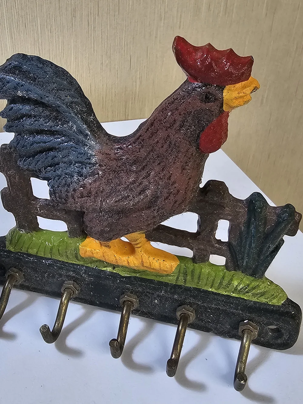 Vintage Cast Iron Rooster Key Holder Wall Hook Rack Set Lot of 2 Farmhouse